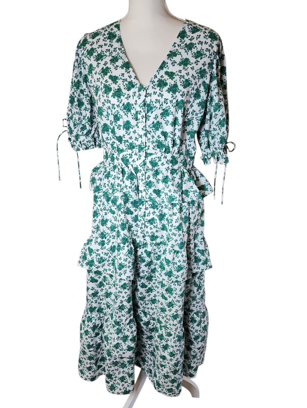 Hyacinth House By Tuckernuck Floral Green White Tiered Midi Boho Dress Size Larg